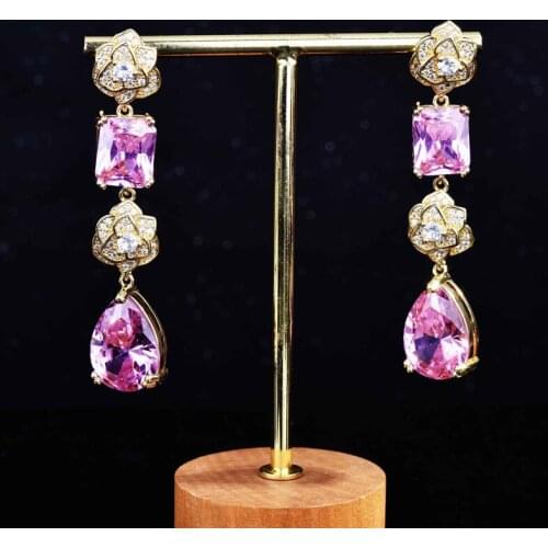 Romantic Roes Flower Long Drop Earrings Inlay Pink AAA Zircon Exquisite Elegant Unusual Jewelry Womens Wedding Party Accessoris