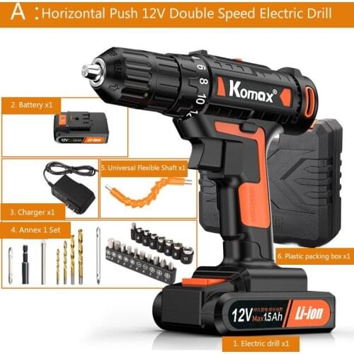 Electric drill, horizontal 12V double speed electric drill, lithium battery electric screwdriver. Charging voltage 110-220 V