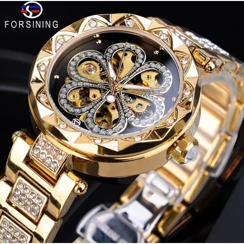 Forsining Mechanical Womens Watches Top Brand Luxury Female Watches Diamond Golden Mesh Creative Dial Waterproof Automatic Clock