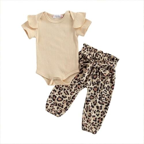 Summer Fashion Newborn Baby Girl Clothes Set Solid Color Bodysuit Jumpsuit Short Sleeve Tops Leopard Pants Outfit