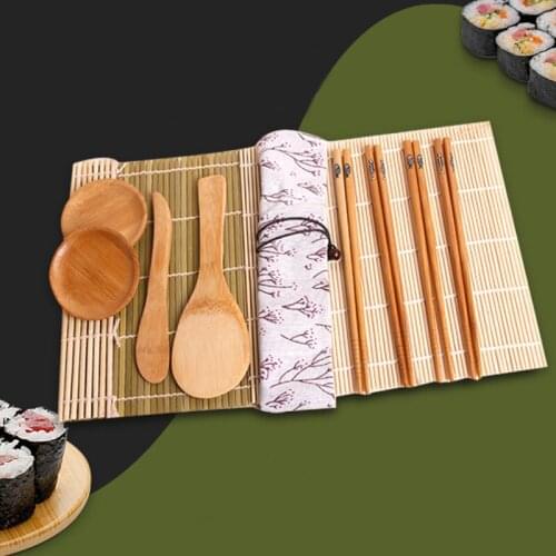 11Pcs Sushi Cooking Set Wooden Curtain Knife Chopstick Sauce Dish Rice Roller Mould