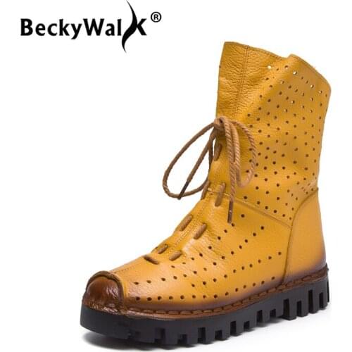 BeckyWalk New 2021 Autumn Women Boots Breathabel Holes Flat Heel Ankle Boots Women Fashion Genuine Leather Casual Shoes WSH3063