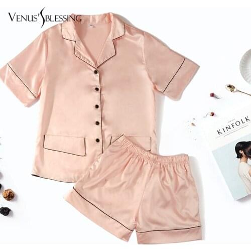 Short Sleeve Ladies Sexy Silk Satin Pajama Set Pyjama Set Pijama Set V-neck Sleepwear Summer Home Wear Sleep Wear For Women