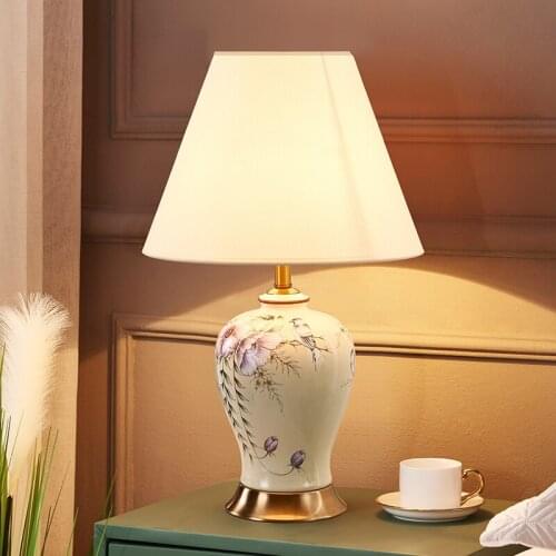 Simple Ceramic Table Lamp For Bedroom Bedside Lamp Living Room Modern Country Style Household Fabrics Flower and Bird Table Lamp