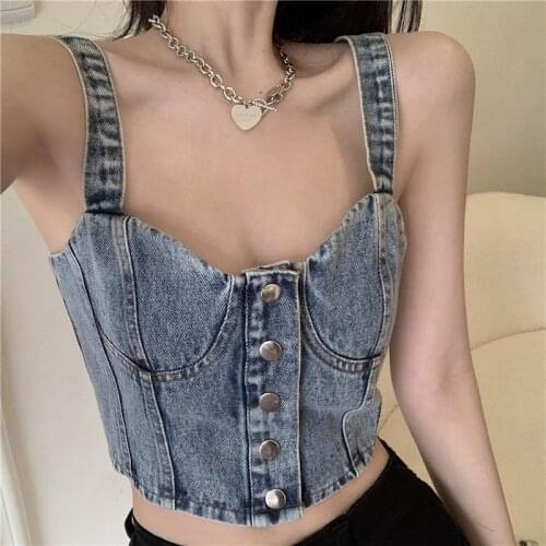 Retro Y2k Sexy Hot Denim Tank Tops Womens Summer Fashion Jeans Crop Tops Single Breasted Street Clubwear