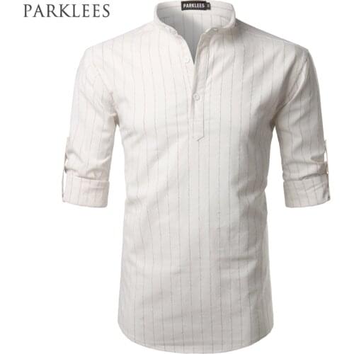 Striped Cotton Linen Shirt Men Rolled Up Sleeve Stripe Mens Dress Shirts Casual Regular Big Tall Chemise Homme Henley Shirt