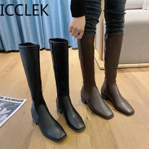 2020 Knee-length boots fashion square toe women winter boots side zipper women shoes PU leather boots winter shoes Botas Mujer