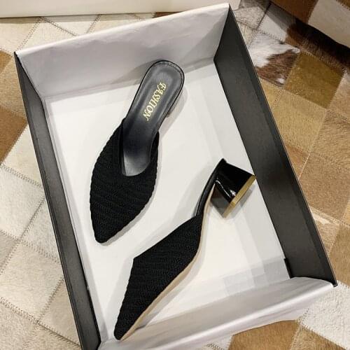 Knitted Elastic Mesh Pointed Toe Slippers Women New Summer Fashion Shallow Heel Woman Shoes slippers Woman