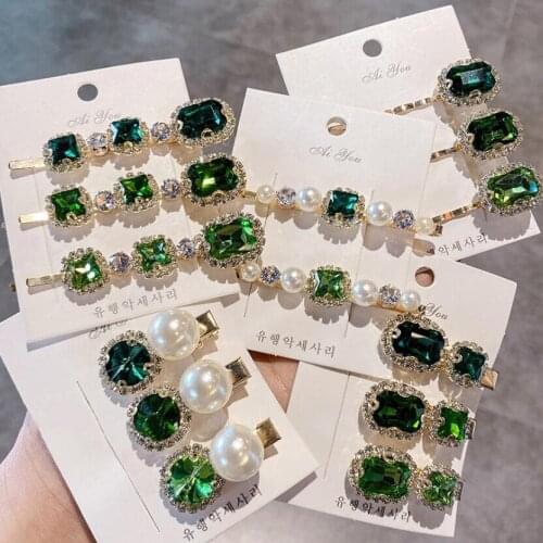 Retro green hairpin light luxury rhinestone pearl bangs clip female word clip hair trim side clip Korean headdress