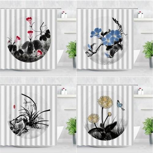 Chinese Style Ink Painting Bathroom Curtains Flowers Butterfly 3D Printing Modern Art Waterproof Fabric Decor Shower Curtain Set