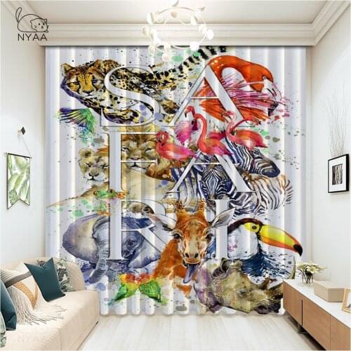 Watercolor Animal Elephant Curtains Nursery Cartoon Printed Curtains Kids Room Office Decoration Luxury Curtain Micro Shading