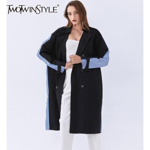TWOTWINSTYLE Patchwork Stripes For Female Windbreaker Jacket Lapel Collar Long Sleeve High Waist With Belt Slimming Womens Coat