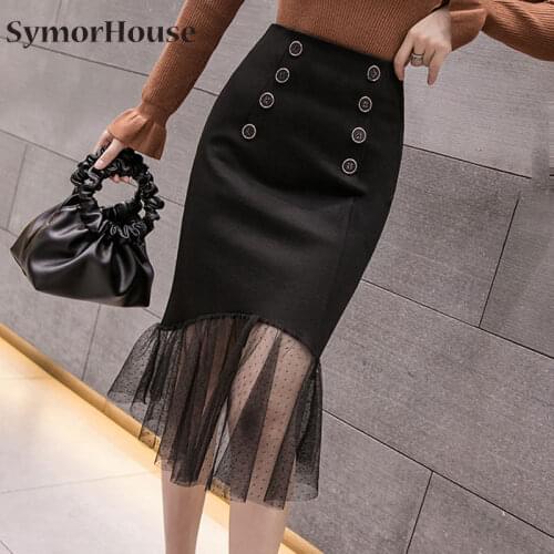 Plus Size Skirts Womens 2021 Elegant Spring Fashion Casual Black Skirt Sexy Button Office Ladies Summer High Waist Mesh Skirt