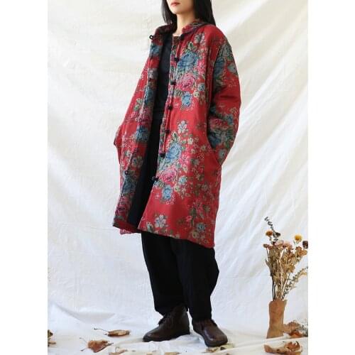 Women Loose Cotton Linen Printed Long Coat Outerwear Parkas Ladies Vintage Print Topcoat Female Vintage Parkas