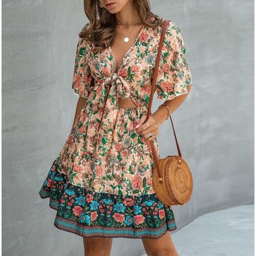 Floral Print Summer Dress Women V Neck Chest Bow Short Sleeve Dress Elastic Waist Sexy Mini Dress New Femme Boho Beach Sundress