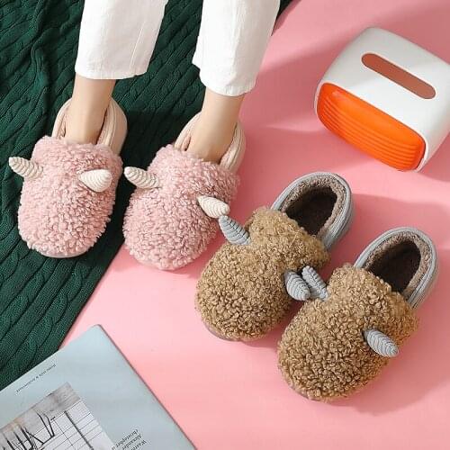 Winter House Warm Fur Slippers For Women Cute Deer Bedroom Warm Plush Home Cotton Shoes Non-slip Indoor Men Couple Furry Slipper