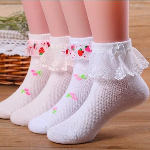 1 Pair Spring Autumn Lace Strawberry Lace Bow Girls' Socks Childrens Mesh Breathable Cotton Socks