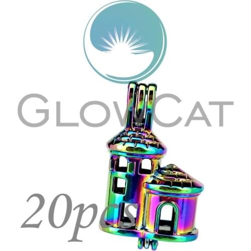 20x CC665 Rainbow Color 35mm Castle Beads Cage Jewelry Making Essential Oil Diffuser Oyster Pearl Cage Locket Pendant