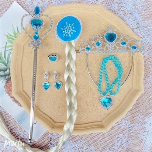 Elsa Princess Accessories Gloves Wand Crown Jewelry Set Elsa Wig Braid for Princess Dress Clothing Cosplay Dress Up Snowflake