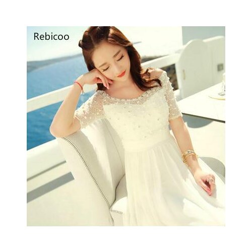 Bohemian Women dressading Chiffon Lace Slim Long Vacation Fairy Dresses White