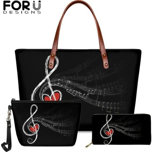 FORUDESIGNS Black Top Handle Bags Women Love and Music Notes Printed Womens Shoulder Strap Handbag Soft Girl Shoulder Sac Bolso