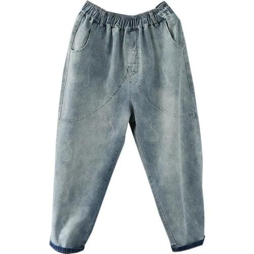 Denim Harem Pants Plus Size Autumn New Arts Style Women Vintage Loose Jeans Pants All-Matched Casual Elastic Waist Cotton