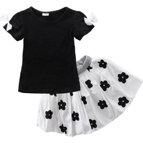 2pcs Clothes Set Kids Summer T shirt Girls Clothes Set Bow Knot Tops+Flowers Short Dance Skirts 2PCS Outfits Set