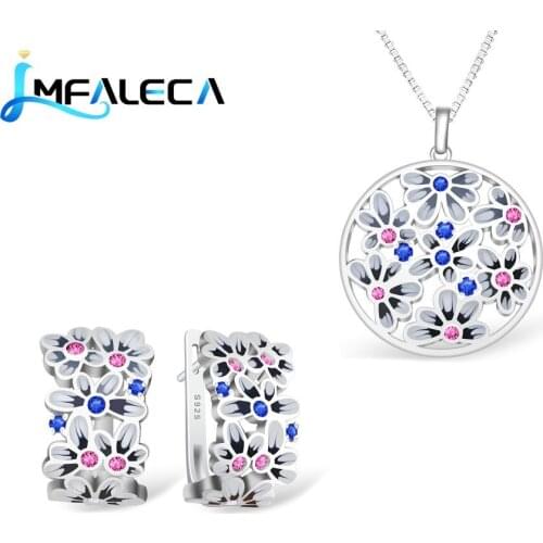 LMFALECA Blue Sapphire Ruby Necklace Earring Jewelry Set Women 925 Sterling Silver Clip Earring Enamel Fine Jewelry Dropshipping