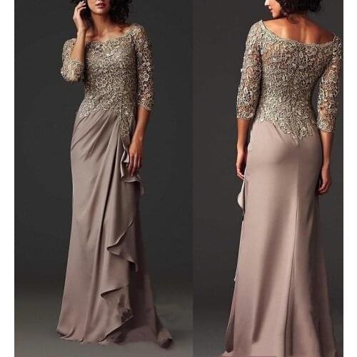 2021 Brown Mother Of The Bride Dresses O-Neck 3/4 Sleeves Pleat Chiffon Appliqued Lace Formal Party Groom Mother Evening Gowns