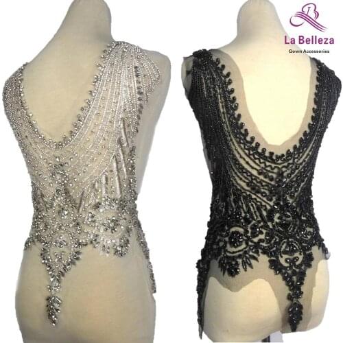 La Belleza beautiful patch, handmade Black silver beads crystal Rhinestones gown applique accessories fround and back patch