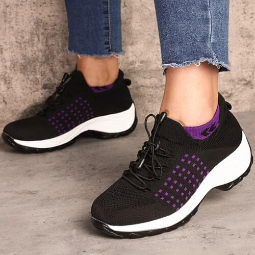 Autumn Women Sneakers Knitted Flat Platform Mesh Breathable Lady Walking Sneakers Woman Female Vulcanized Shoes Lace up Footwear
