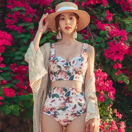 Sanderala Sexy Woman Flowers Bikinis Set Bandage Swimsuit Padded Push Up Suits Print Swimwear Halter Female Contrast High Waist