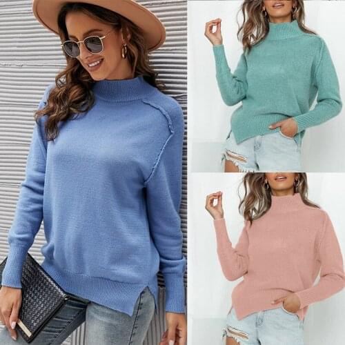 Fashion Mock Neck Pullovers Sweater Women Solid Pink Long Sleeve Knitted Sweater Fall Winter Turtleneck Jumper Top Outwear 2021