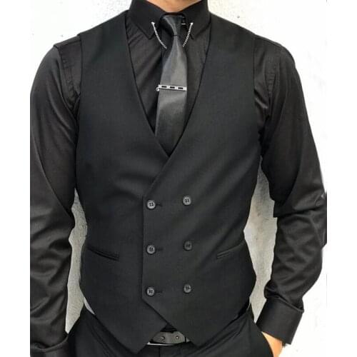 Black Formal Men Vest with Double Breasted V Neck One Piece Male Suit Waistcoat Custom Wedding Tuxedo Waist Coat New Fashion