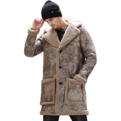 Soft Comfortable Sheepskin Fur Shearling Coat Yellow Winter Medium Long Real Fur Coat Men Warm Genuine Leather Suedue Jackets