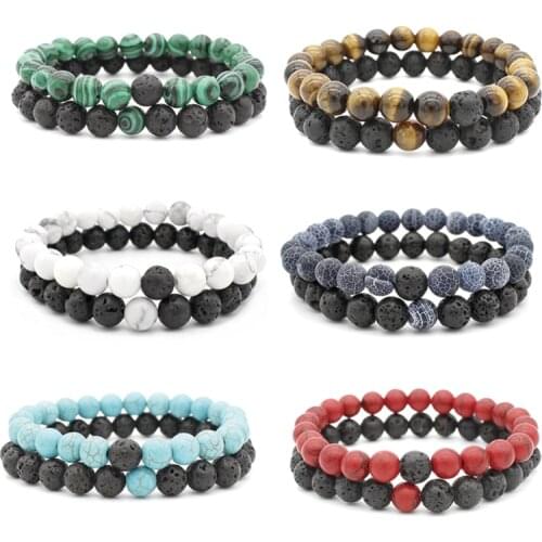 Charka Lava Natrual Stone Beads Bracelets Sets Elastic Force Rope Double Layers Bangles For Men Women Couple Jewelry Gift