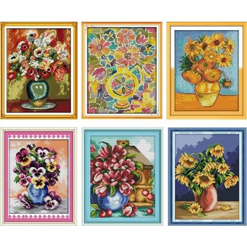 Sunflower Vase Stamped Cross Stitch Embroidery Needlework Kit Pattern 11CT 14CT Printed Counted Thread Craft Home Decoration Set