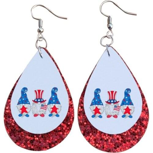 New Patriotic Usa Flag Gnomes Bear Teardrop Earrings Gift For 4 th Of July Glitter Layers Faux Leather Earrings