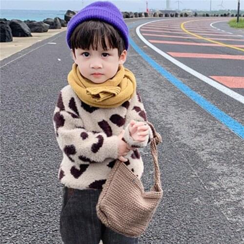 New Spring Winter Baby Girl Boys Casual Leopard Sweater Childrens Knitted Woolen Kids Hedging Mink Down Heart Warm Thicken