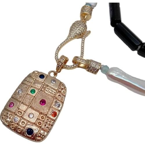 YYGEM Natural Faceted Tube Onyx Cultured Freshwater White Rectangle Pearl Necklace Charm Pendant 25"