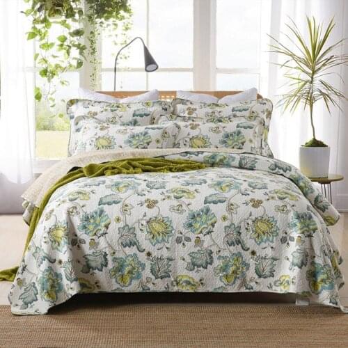 CHAUSUB Flowers Quilt Set Cotton Quilts For Bed Quilted Bedspread 3pcs Washed Bed Cover Sheets Coverlet King Size Green Blanket