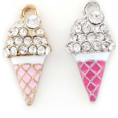 20PCS Silver Golden Pink Ice Cream Rhinestone Charms Pendant Dangle For Jewelry Making Finding Accessories 26*15mm