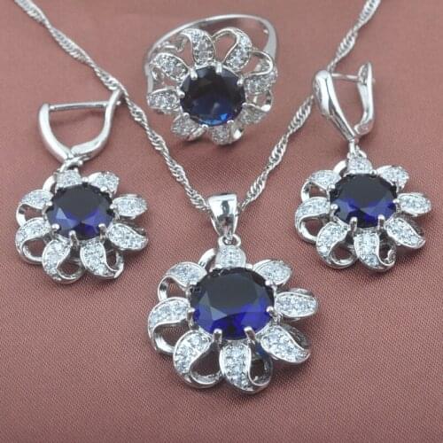 Luxurious Blue Cubic Zirconia Flower Silver Color Jewelry Set Wedding Jewelry For Women Ring Necklace And Earrings Set TZ0351