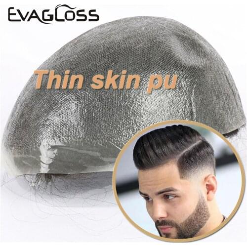 Thin Skin PU Capillary Prosthesis Men toupee 8x10inch Hair Replacement Systems Pure Handmade Wig Human Natural Remy Hair For Men