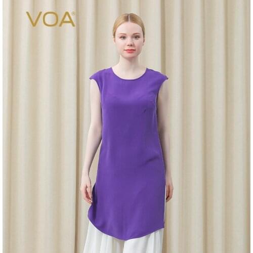 VOA Silk 30m/m 0-Neck Tops Short Sleeve Casual Womens T Shirts Solid Color Hem Split Simple Home Base Long Woman Tshirts BT036