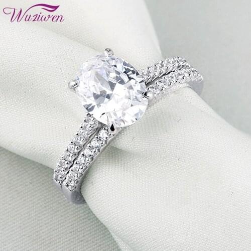 Wuziwen Solid 925 Sterling Silver Wedding Rings 1.9Ct Oval Shape AAA Zircons Engagement Ring Straight Band Jewelry