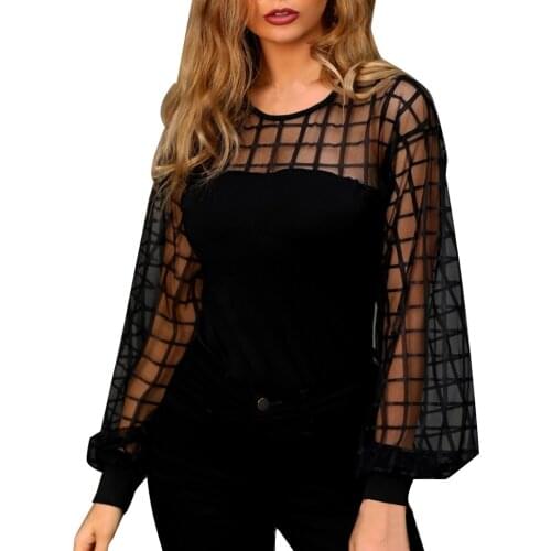 Splicing Mesh Hollow Blouse Womens Cut-out Stripe Solid Color Long Sleeve O Neck Casual Blouse Black Tops Рубашка Женская @40
