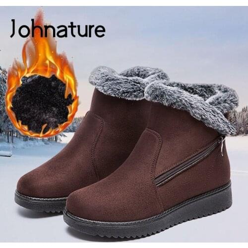 Johnature Women Shoes Snow Boots Warm 2021 New Winter Waterproof Round Toe Flat With Zip Plush Non-slip Leisure Platform Boots