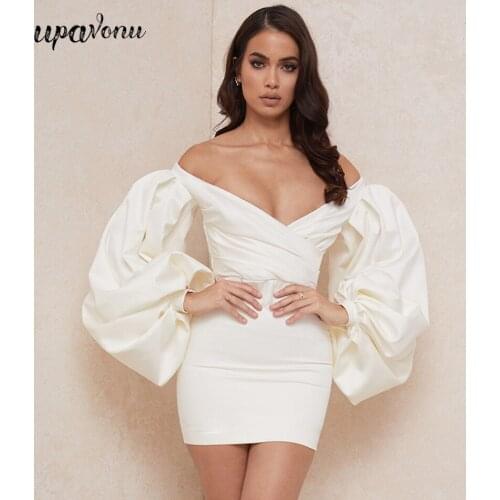 Free Shipping 2021 New Women Satin Dress Sexy V-neck Lantern Sleeve Bodycon Strapless Dress Celebrity C Club Party Mini Vestidos
