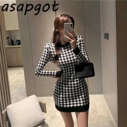 Autumn Winter Vintage O Neck Black White Contrast Color Plaid Dress Women Mini Casual Slim Wrap Hip Fashion Vestido De Mujer